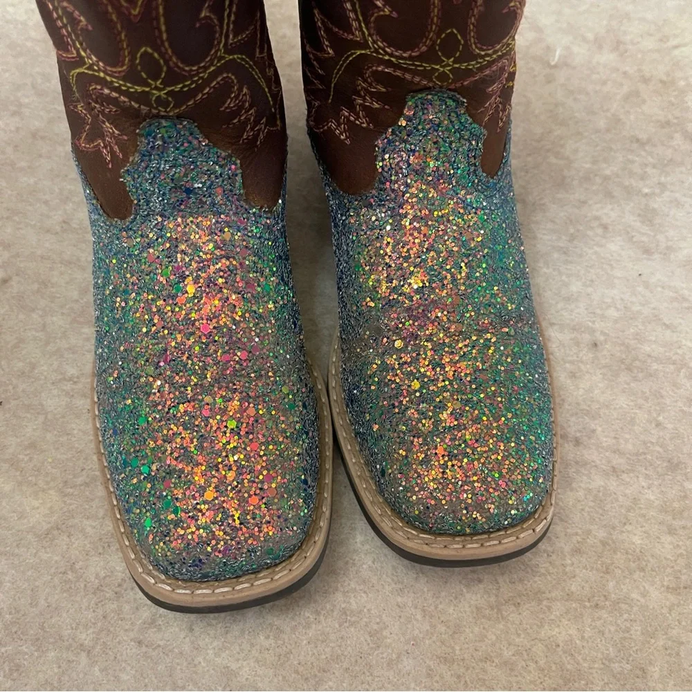 Shyanne Glitter Blue Teal Brown Square Toe Western Cowgirl Boots Girls Size 12